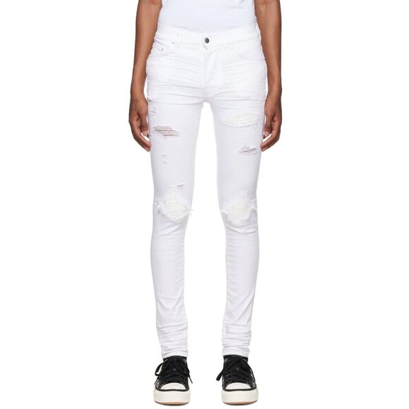 Amiri MX1 Jeans 31 IT 47 S Mens White Skinny Stretch Distressed Denim - Picture 1 of 16